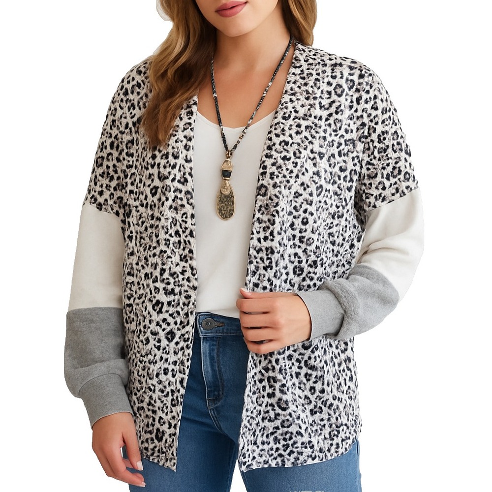 Andrée by Unit Womens Leopard Print Gray White Open Front Colorblock Cardigan